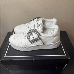 Karl Lagerfeld White Leather Sneakers with Crystal Buckle